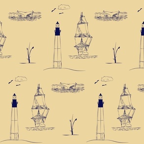 Nautical Nostalgia Lighthouse and Ship Toile De Jouy 