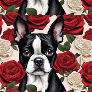Boston Terrier Dog and red roses   dog fabric