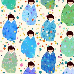 Colors, Confetti & Kimono Dolls - Cool Tones - Cute Japanese Kokeshi Nursery - Large Scale