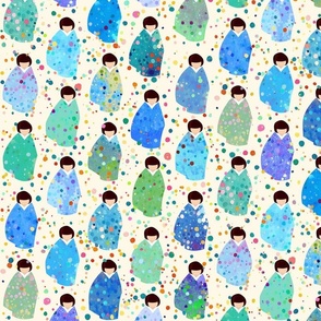 Colors, Confetti & Kimono Dolls - Cool Tones - Cute Japanese Kokeshi Nursery - Medium  Scale