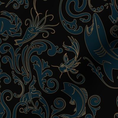 OCTOPUS'S GARDEN - TEAL WITH GOLD EFFECT OUTLINES ON MIDNIGHT BLACK