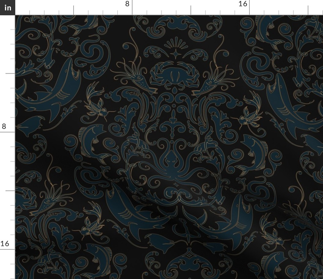 OCTOPUS'S GARDEN - TEAL WITH GOLD EFFECT OUTLINES ON MIDNIGHT BLACK