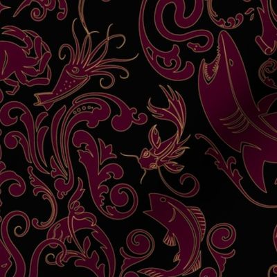 OCTOPUS'S GARDEN - BURGUNDY WITH GOLD EFFECT OUTLINES ON BLACK