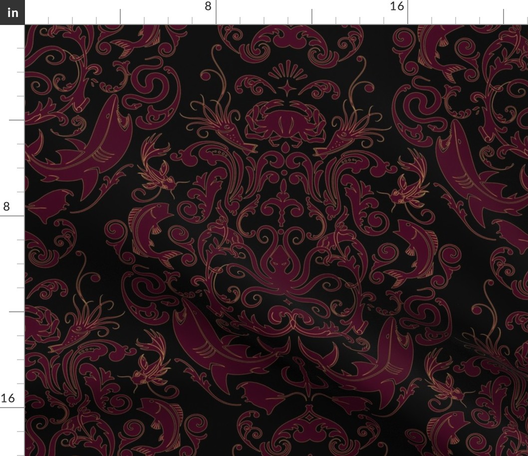 OCTOPUS'S GARDEN - BURGUNDY WITH GOLD EFFECT OUTLINES ON BLACK