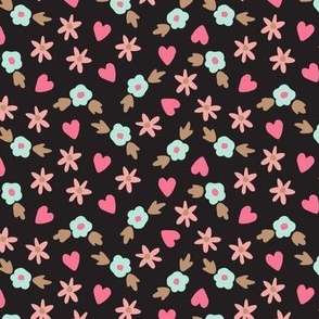 Floral Hearts on Black 1/2 in