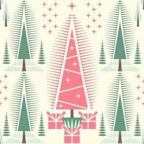 Trees, Christmas / Geometric / Folk Art / Block Print / Presents / Pink Green Cream / Large