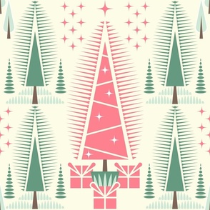 Trees, Christmas / Geometric / Folk Art / Block Print / Pink Green / Large