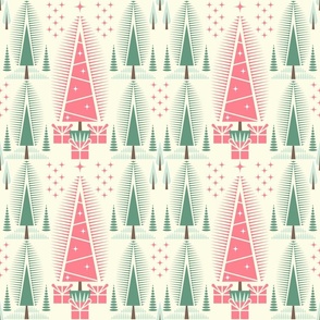 Trees, Christmas / Geometric / Folk Art / Block Print / Pink Green / Medium