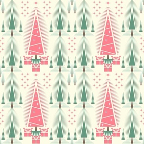 Trees, Christmas / Geometric / Folk Art / Block Print / Presents / Pink Green Cream / Medium