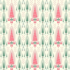 Trees, Christmas / Geometric / Folk Art / Block Print / Pink Green / Small