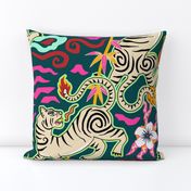 Bright flaming spring tigers - Asian beasts on dark teal - jumbo