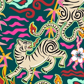 Bright flaming spring tigers - Asian beasts on dark teal - jumbo