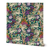 Bright flaming spring tigers - Asian beasts on dark teal - large