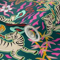 Bright flaming spring tigers - Asian beasts on dark teal - large