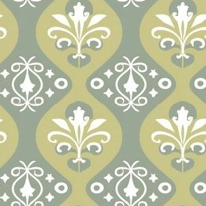 Sage and Muted Green Fleur de Lis Ogee Damask