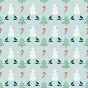 Magical Holiday Moments: Whimsical Snowman and Christmas Tree Pattern on light blue background