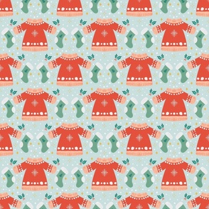 Festive Knits: Sweaters and Stockings Christmas Pattern on light blue background