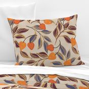 Cozy Fall Floral in Burgundy, Navy Blue, and Orange on Beige - Extra Large Scale