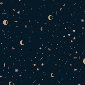 Little stars and miracle moon and fireworks galaxy magic night golden navy blue