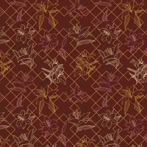 Lilies on a geometrical chocolatebrown background