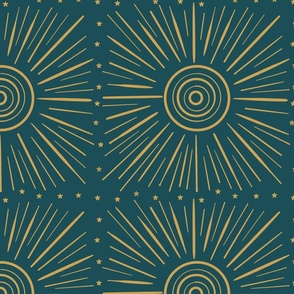 Celestial Sunburst and Stars gold and teal blue