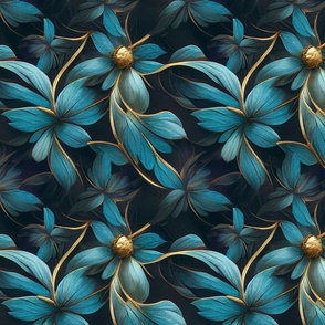 Turquoise And Gold Elegant Fantasy Flower Pattern Smaller Scale