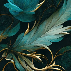 Turquoise And Gold  Feather And  Flower Pattern