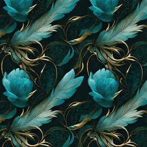 Turquoise And Gold  Feather And  Flower Pattern Smaller Scale