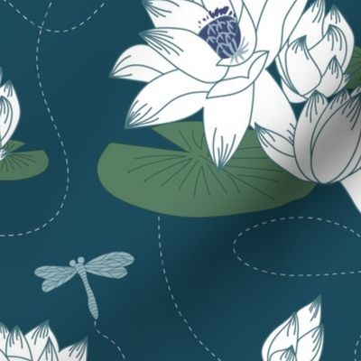 Blooming Lotus Collection - White lotus with dragonfly on teal background