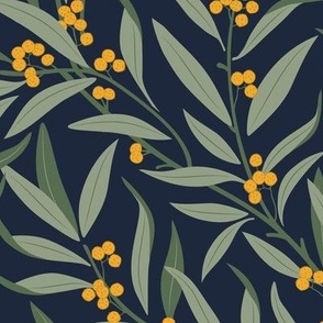 Medium Arts and Crafts Australian Native Wattle with a Midnight Blue Background