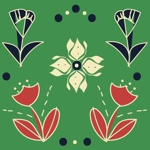 Poppy And Tulip Folk Art Christmas - Bright Green.