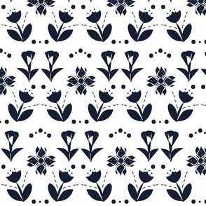 Cute Poppy and Tulip Folk Art - Navy Blue On White.