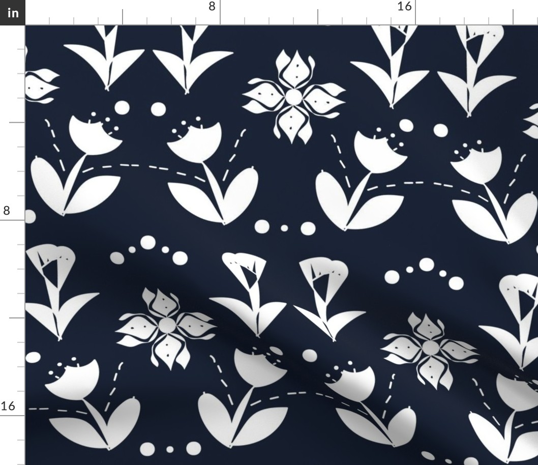 Poppy And Tulip Folk Art - White On  Navy Blue.