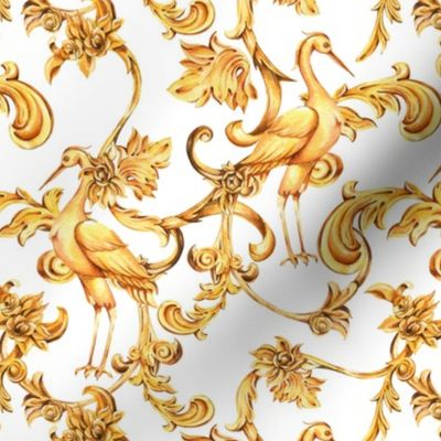 Baroque gold crane ornament with curls on white
