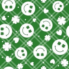 Medium Scale Smile Faces and Shamrocks White on Green