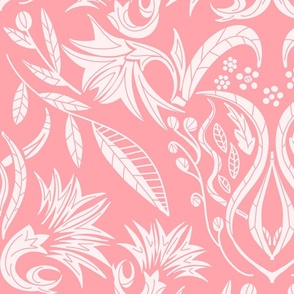 Floral Damask  nature white on pink  - large scale