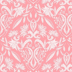 Floral Damask nature white on pink  - medium scale