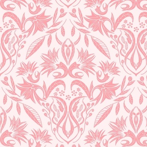 Floral Damask pink on nature white  - medium scale