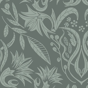 Floral Damask sage green on succulent green - large scale 