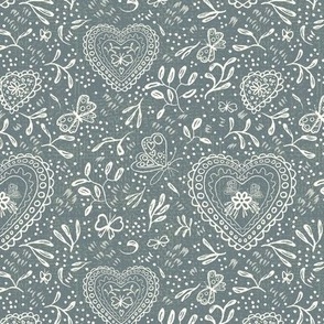 Valentine Floral Block Print - Cream on Muted Blue  (small)