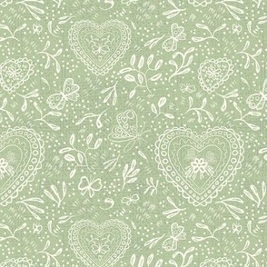 Valentine Floral Block Print - Cream on Muted Green (Small)