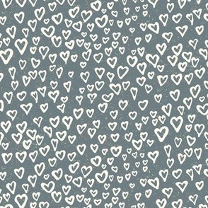 Scattered Hearts Block Print - Cream on Muted Blue (Small)