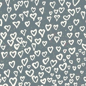 Scattered Hearts Block Print - Cream on Muted Blue (Large)