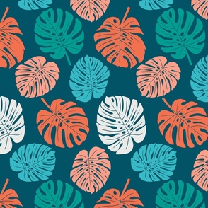 Monstera Leaves - Coral Cream Teal