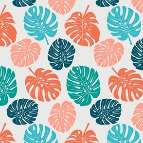 Monstera Leaves - Coral Teal Cream