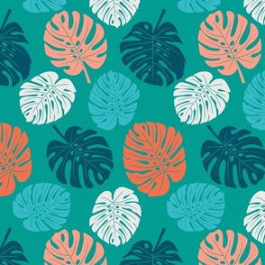 Monstera Leaves - Teal Coral Blue