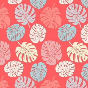 Monstera Leaves - Coral Cream Blue