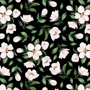 Blooming cherry. Floral black pattern
