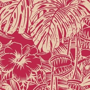★ VINTAGE HAWAIIAN PRINT ★ Viva Magenta Red + Gray Sand / Collection : It’s a Jungle Out There – Savage Hawaiian Prints 