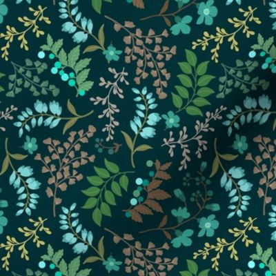Floral Ditsy - Deep Green/Turquiose/Brown